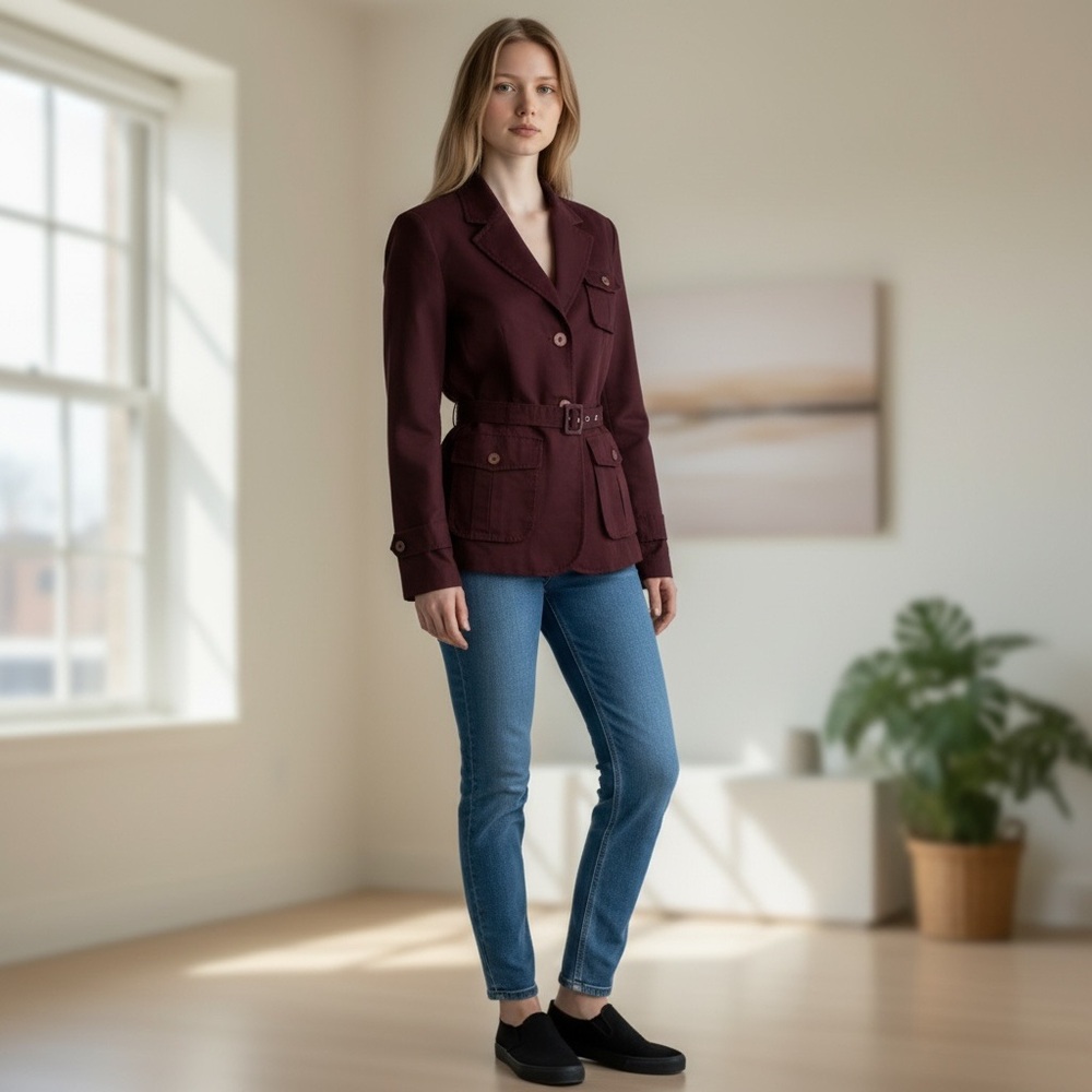 H&M Burgundy Maroon Military Inspired Belted Cotton Blazer